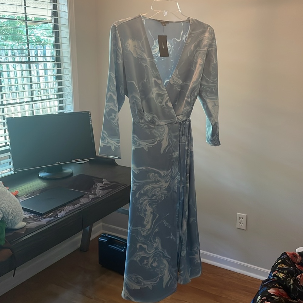 Alfani Wrap Dress Blue Swirl Silky NWT